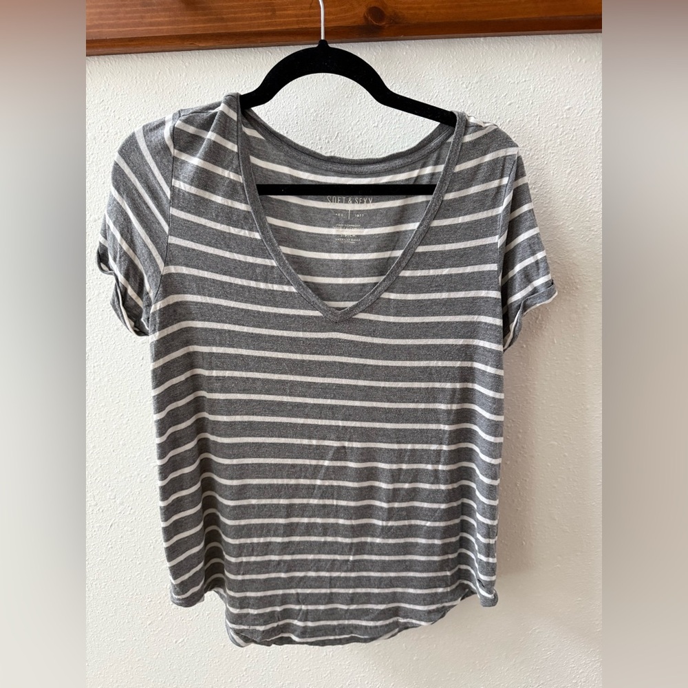 American Eagle Outfitters Gray and White Striped V-Neck Tee